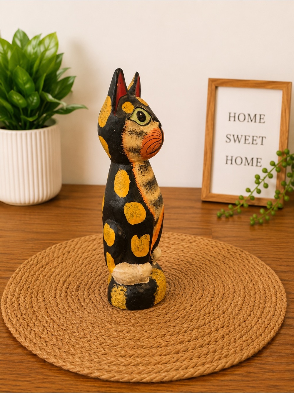 Vintage Hand Carved Folk Art Cat Figurine, Hand Painted Wooden Cat Statue - Picture 5 of 6